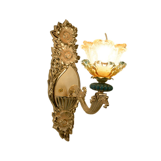 Gold Wall Lamp With Amber And Clear Glass Floral Shade - Single Light Mid-Century Sconce