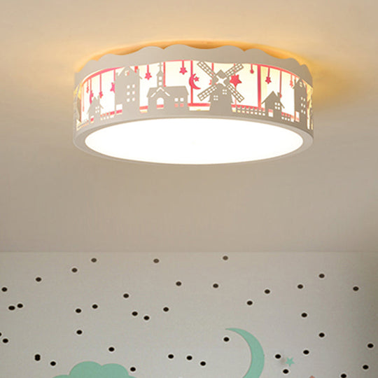 Kids Cartoon House Drum Flushmount Led Ceiling Light In Warm/White - Playroom Lamp Pink / White
