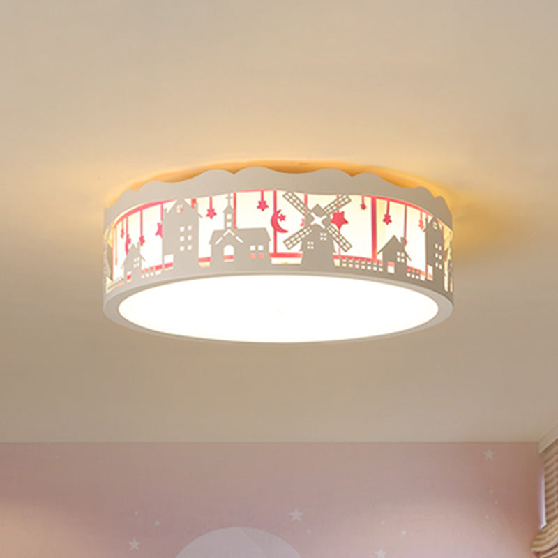 Kids Cartoon House Drum Flushmount Led Ceiling Light In Warm/White - Playroom Lamp