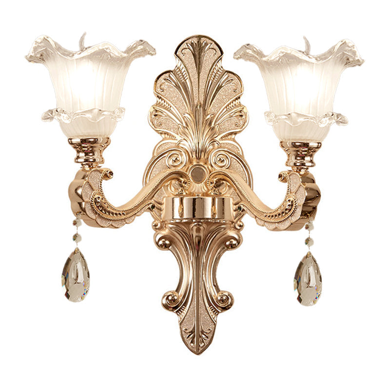 Retro Frosted Glass Sconce With Ruffle Trim & Gold Wall Mount 1/2-Bulb Doorway Light
