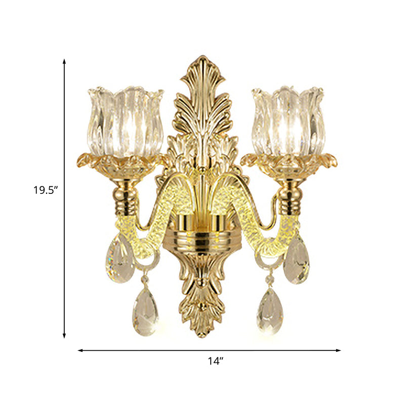 Vintage Flower Bud Glass Wall Lamp Kit In Gold With 2 Lights