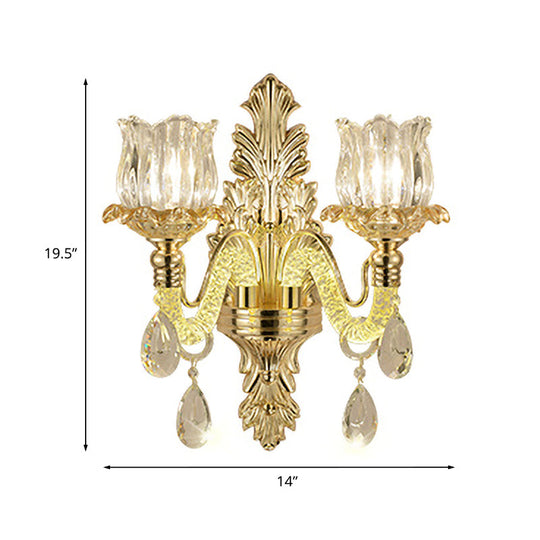 Vintage Flower Bud Glass Wall Lamp Kit In Gold With 2 Lights