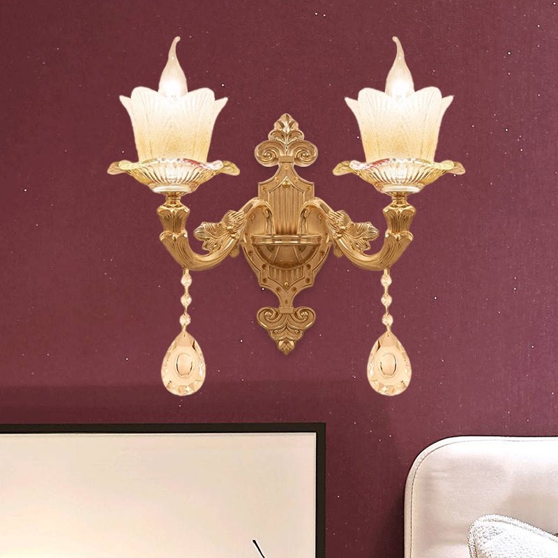 Traditional Scalloped Glass Wall Lamp With Frosted And Gold Sconce For Bedside