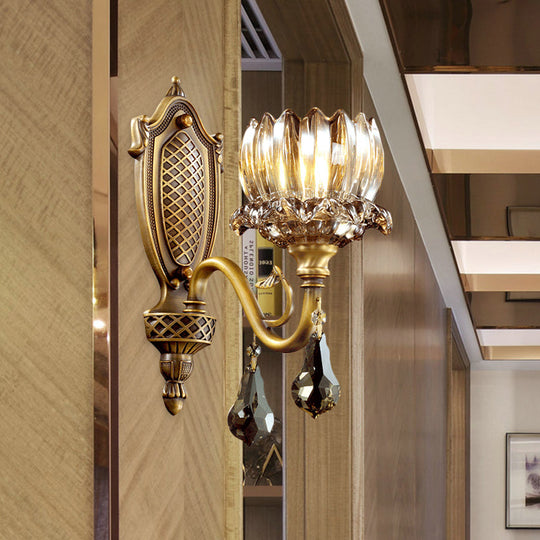 Lotus Amber Glass Wall Sconce: Antique Brass 1-Head Living Room Light With Crystal Pendalogues
