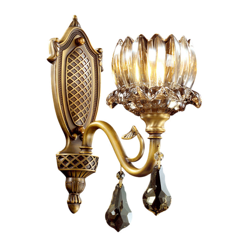 Lotus Amber Glass Wall Sconce: Antique Brass 1-Head Living Room Light With Crystal Pendalogues