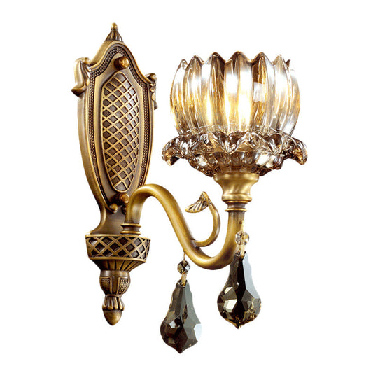 Lotus Amber Glass Wall Sconce: Antique Brass 1-Head Living Room Light With Crystal Pendalogues