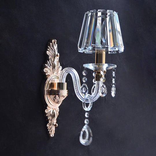 Vintage Clear Prismatic Crystal Cone Wall Lamp - Family Room Light Fixture With Curved Tube Glass