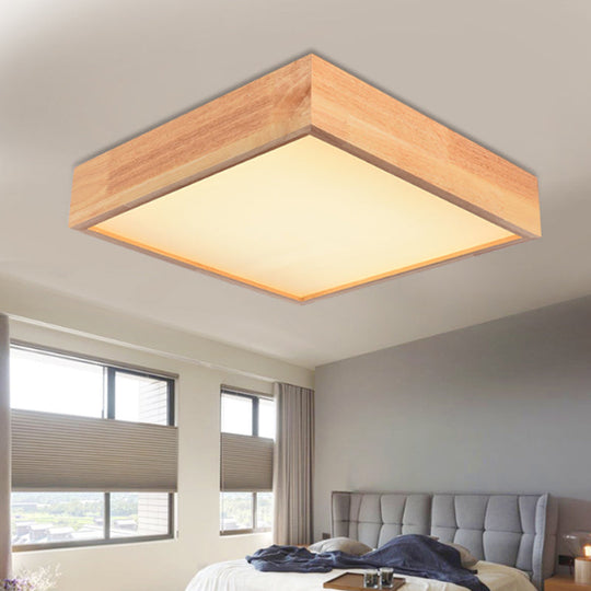 Contemporary Wooden Square Led Ceiling Light Fixture - Wide 1-Light Flush Mount Lamp In Warm/White