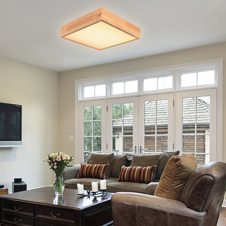 Contemporary Wooden Square Led Ceiling Light Fixture - Wide 1-Light Flush Mount Lamp In Warm/White
