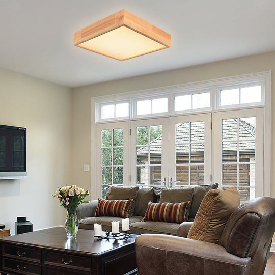 Contemporary Wooden Square Led Ceiling Light Fixture - Wide 1-Light Flush Mount Lamp In Warm/White