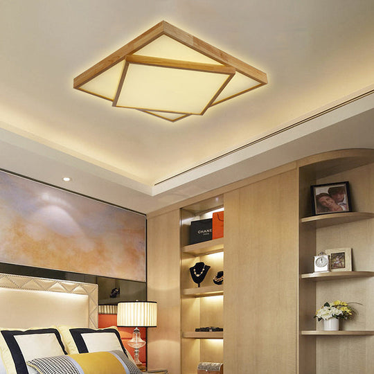 Modern Wood Flush Mount Led Ceiling Light For Bedroom - 19/25/31.5 Wide Square Shape Warm/White