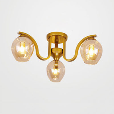 Modern 3-Light Ceiling Lamp For Study Room - Glass And Metal Semi-Flush Mount Gold