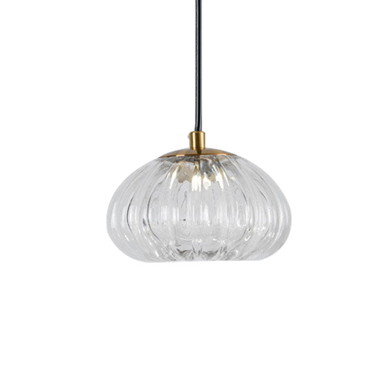Post-Modern Dome Pendant Lamp With Cognac/Clear Ribbed Glass Shade For Dining Table Suspension