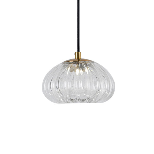 Post-Modern Dome Pendant Lamp With Cognac/Clear Ribbed Glass Shade For Dining Table Suspension