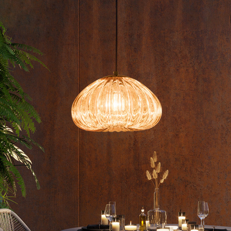Post-Modern Dome Pendant Lamp With Cognac/Clear Ribbed Glass Shade For Dining Table Suspension