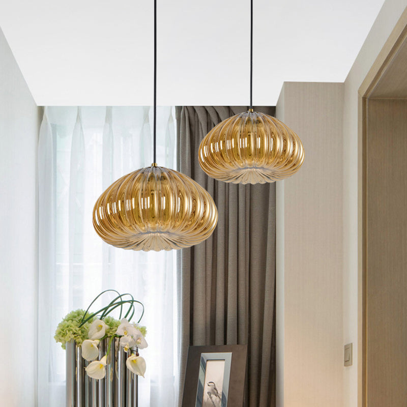 Post-Modern Dome Pendant Lamp With Cognac/Clear Ribbed Glass Shade For Dining Table Suspension