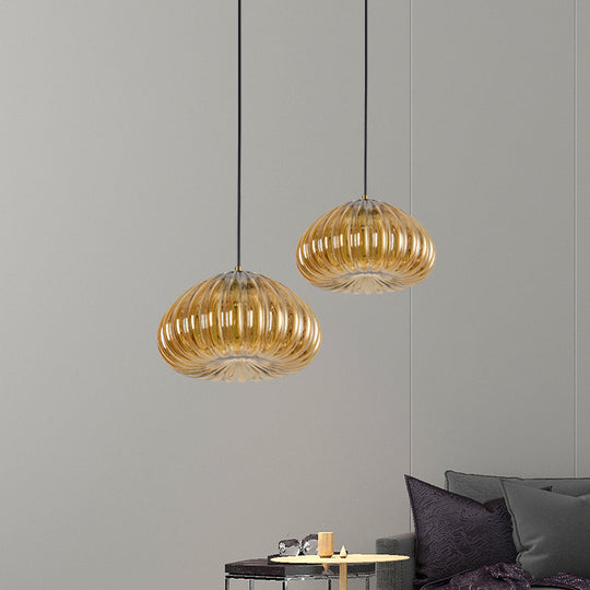 Post-Modern Dome Pendant Lamp With Cognac/Clear Ribbed Glass Shade For Dining Table Suspension