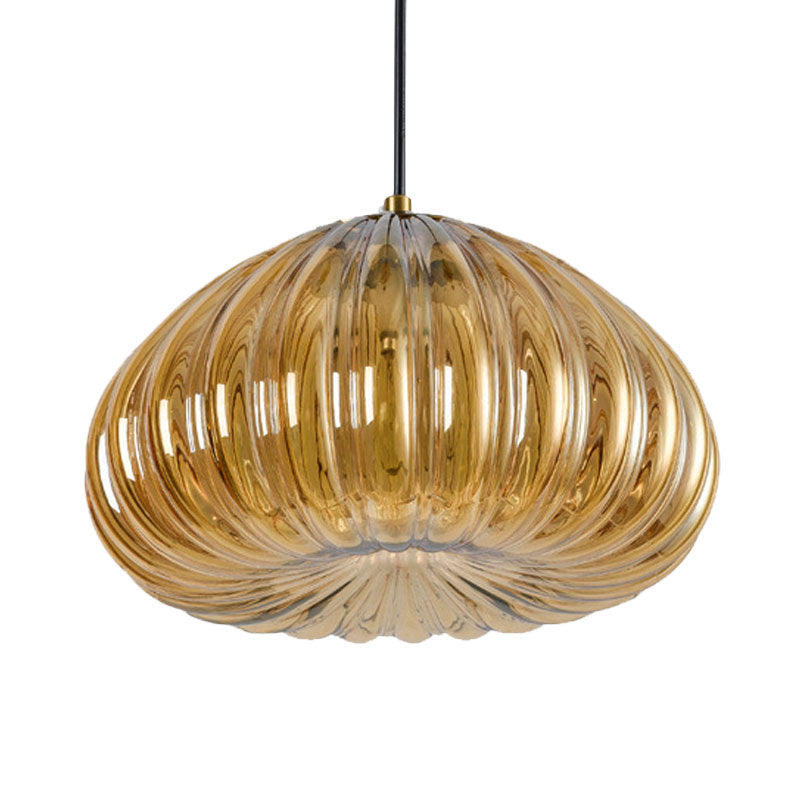 Post-Modern Dome Pendant Lamp With Cognac/Clear Ribbed Glass Shade For Dining Table Suspension