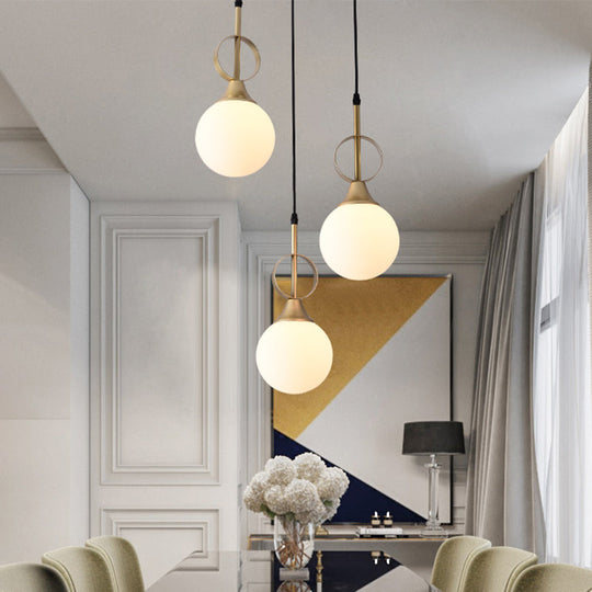 Modern Opal Glass Single Bedside Pendant Lamp - Minimalist Ball Hanging Kit With Black-Gold Ring Top