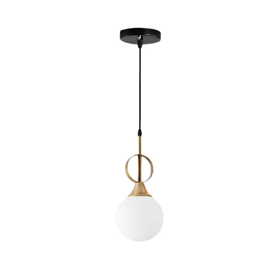 Opal Glass Single Bedside Pendant Lamp Kit - Minimalist Ball Hanging Design In Black-Gold
