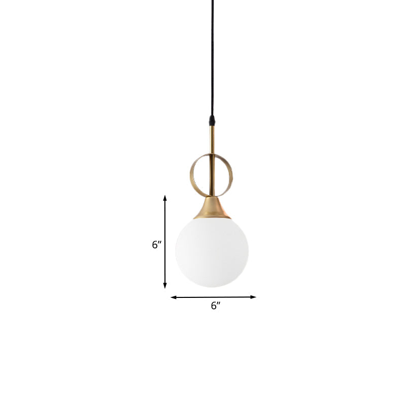Modern Opal Glass Single Bedside Pendant Lamp - Minimalist Ball Hanging Kit With Black-Gold Ring Top