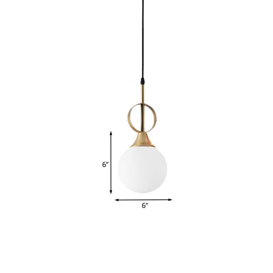 Opal Glass Single Bedside Pendant Lamp Kit - Minimalist Ball Hanging Design In Black-Gold