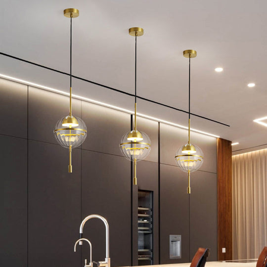 Modern Gold Led Glass Pendant Lamp - Ribbed Spherical Hanging Light Kit