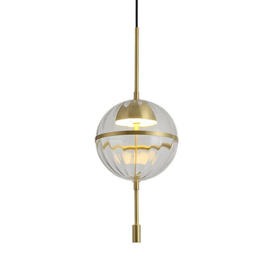 Modern Gold Led Glass Pendant Lamp - Ribbed Spherical Hanging Light Kit