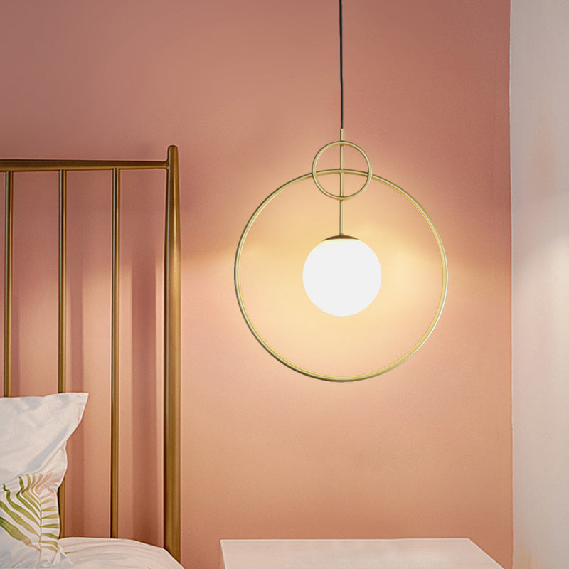 Postmodern Milk Glass Ball Pendant Light With Gold Circles - 1-Light Ceiling Lamp For Dining Room
