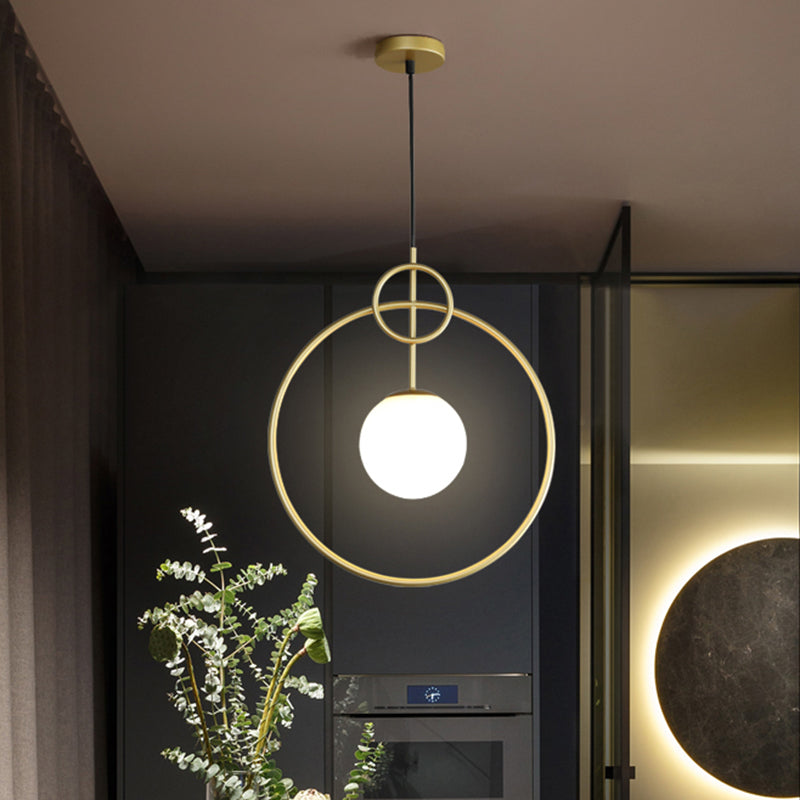 Postmodern Milk Glass Ball Pendant Light Fixture Gold Circles - 1-Light Dining Room Ceiling Lamp