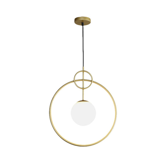 Postmodern Milk Glass Ball Pendant Light With Gold Circles - 1-Light Ceiling Lamp For Dining Room