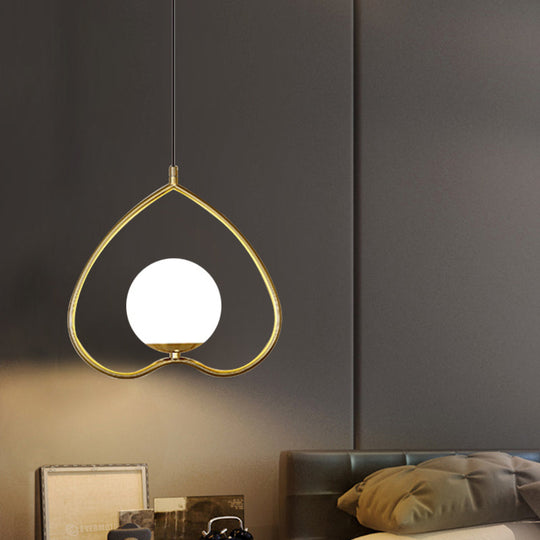 Gold Single Pendulum Light With Heart-Shaped Down Lighting And Opal Glass Shade