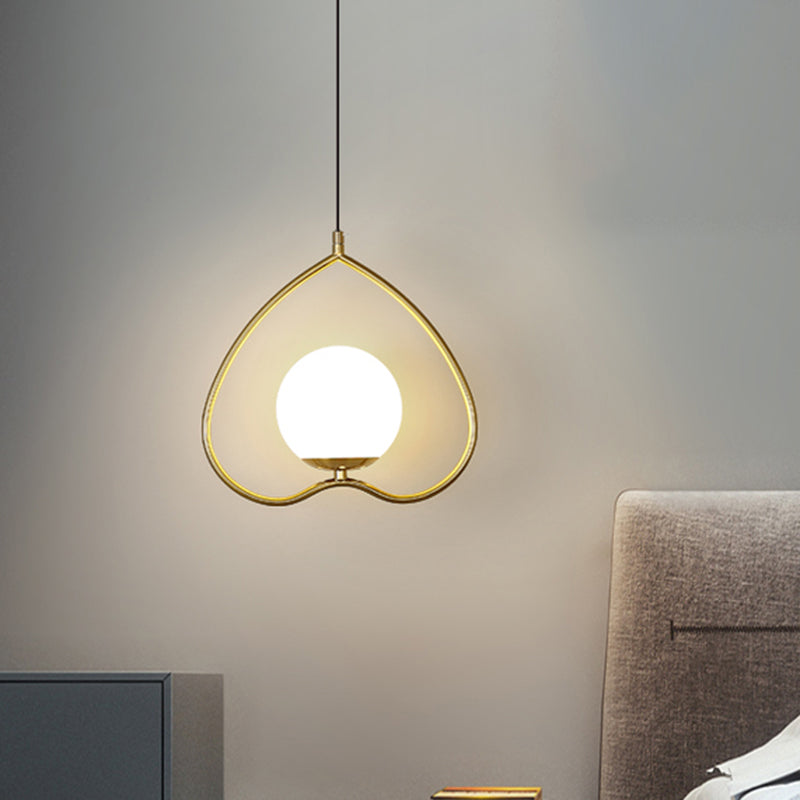 Modern Gold Pendant Light With Heart-Shaped Down Lighting Metal Frame And Opal Glass Shade