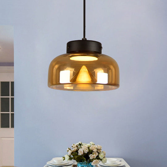 Postmodern Black Pendant Lamp With Amber Glass Bowl Shade & Bedside Led Down Lighting