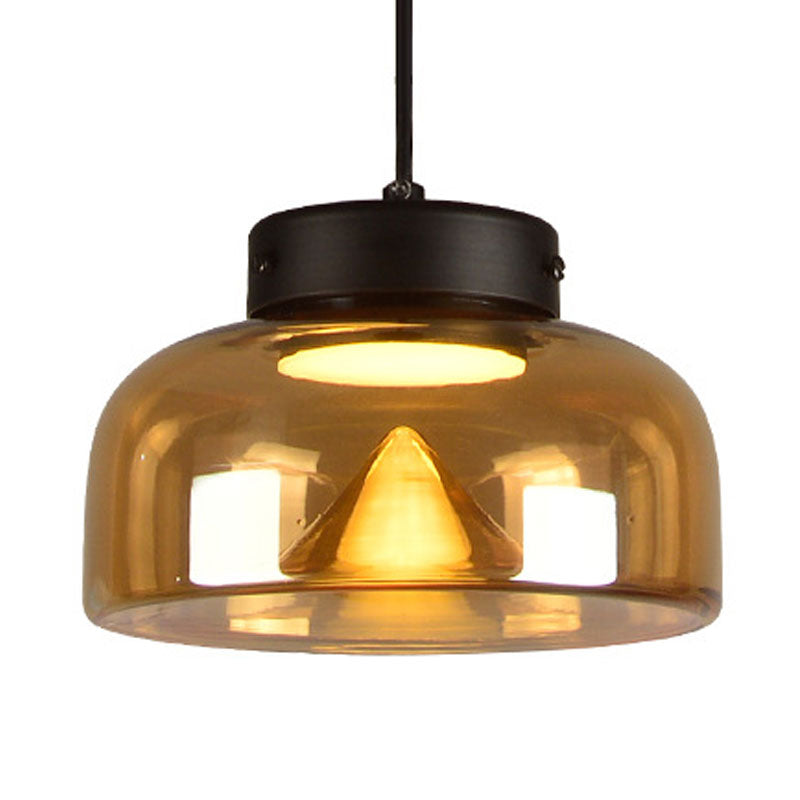 Modern Black Pendant Lamp With Amber Glass Shade - Bedside Led Down Lighting