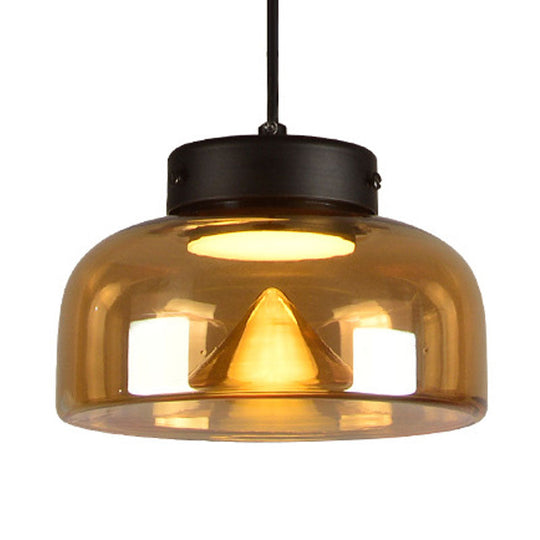 Postmodern Black Pendant Lamp With Amber Glass Bowl Shade & Bedside Led Down Lighting