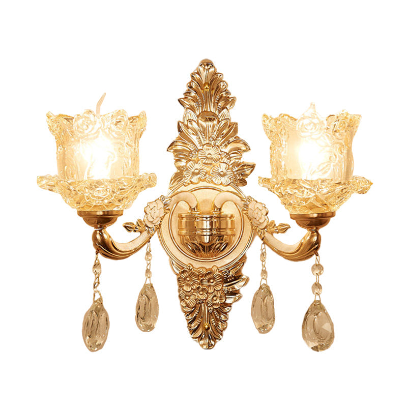 Mid Century Clear Crystal Glass Flower Corner Sconce Lighting - Gold Wall Mounted Lamp