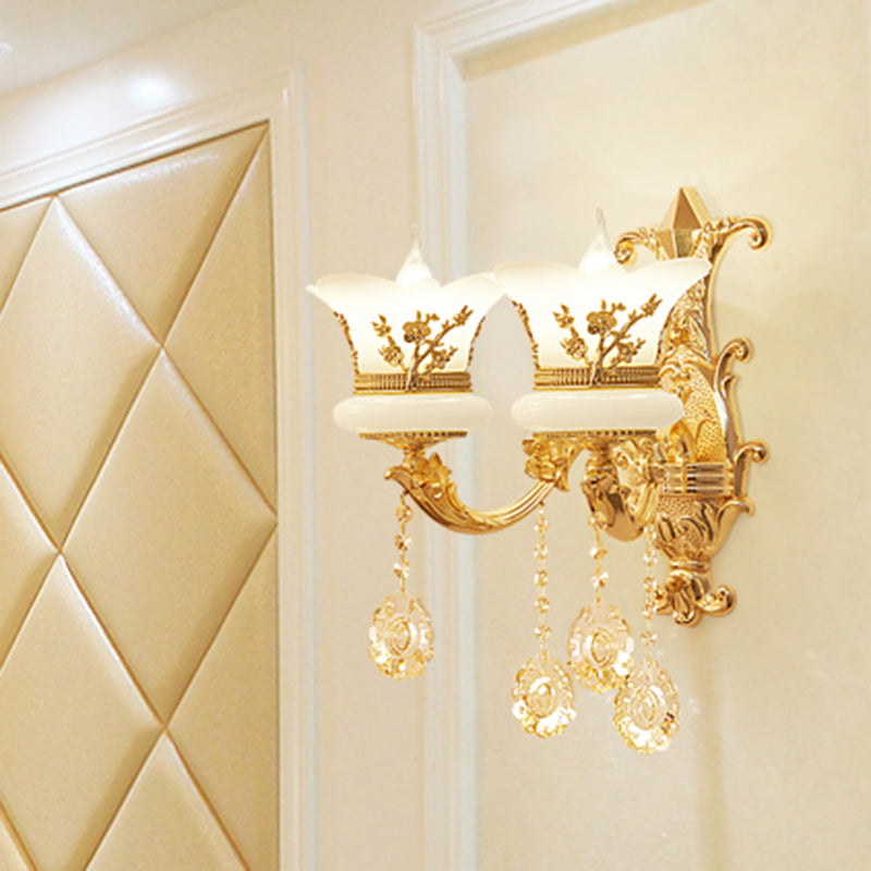 Mid-Century Gold Wall Mounted Lamp With Frosted Glass - Flower Bedside Light Fixture 2 /