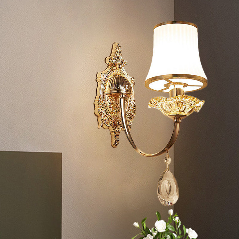 Mid-Century Arced Jar Wall Light With Frosted Glass And Gold Mount