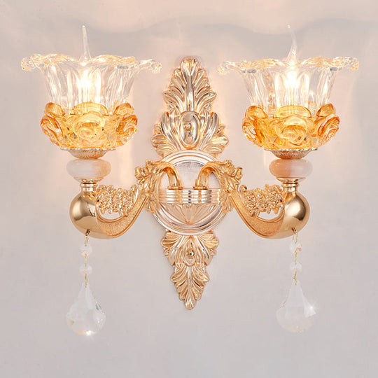 Traditional Gold Crystal Sconce With 2 Bulbs - Elegant Wall Mount Light Fixture