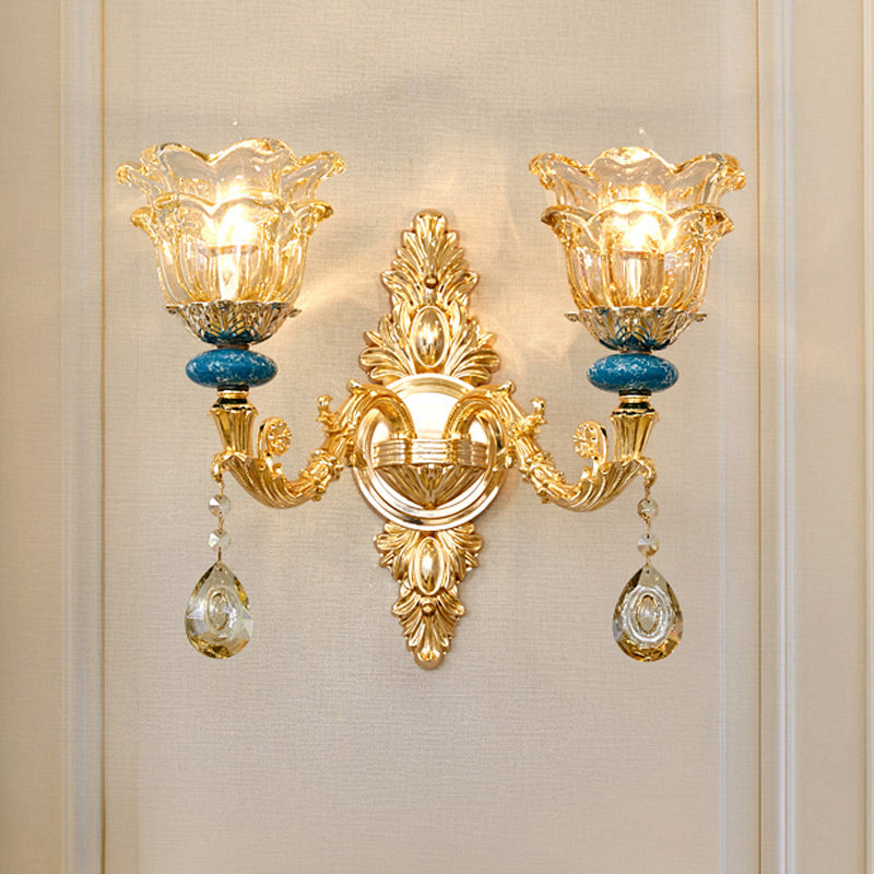 Golden Floral Crystal Wall Lamp Kit - 2-Layer 1/2-Bulb Option For Bedside Mounting 2 / Gold
