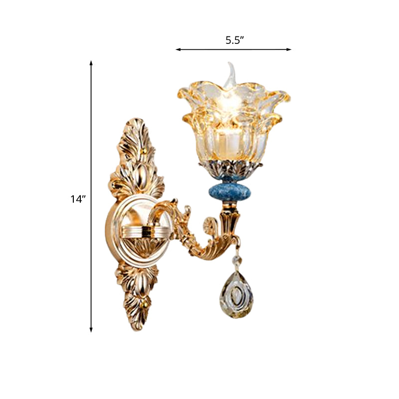 Golden Floral Crystal Wall Lamp Kit - 2-Layer 1/2-Bulb Option For Bedside Mounting