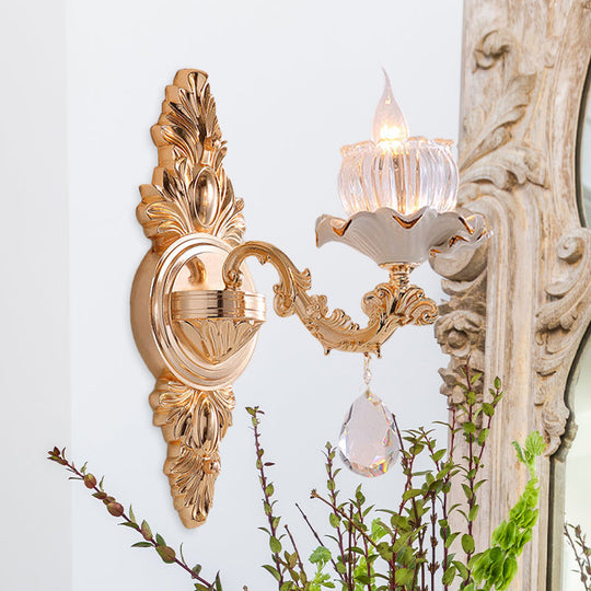 Rustic Gold Ruffle Wall Mount Sconce Light With Clear Ribbed Glass - Traditional Design