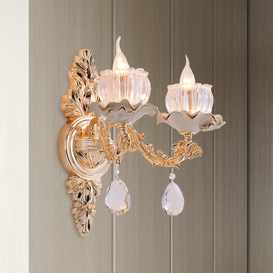 Rustic Gold Ruffle Wall Mount Sconce Light With Clear Ribbed Glass - Traditional Design
