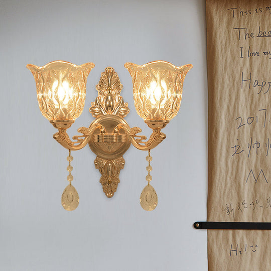 Gold Clear Textured Glass Sconce: Traditional Bell Shaped Wall Mounted Lamp - 1/2-Light