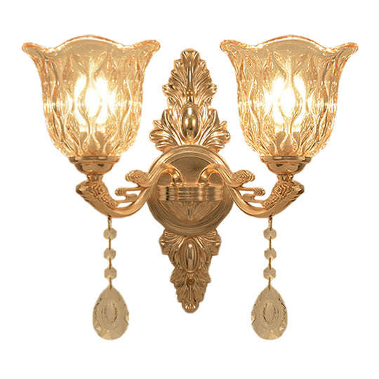 Gold Clear Textured Glass Sconce: Traditional Bell Shaped Wall Mounted Lamp - 1/2-Light