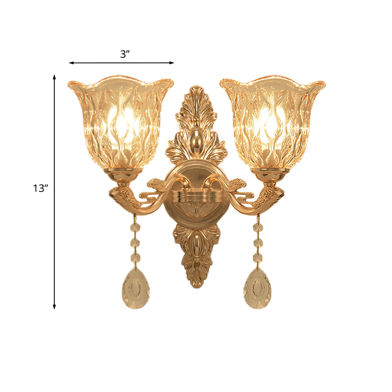Gold Clear Textured Glass Sconce: Traditional Bell Shaped Wall Mounted Lamp - 1/2-Light