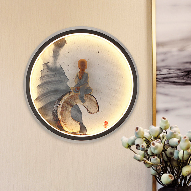 Led Asian Buddha Boy Mural Lamp: Wall Mounted Aluminum Lighting With Black Halo Ring - Ideal For