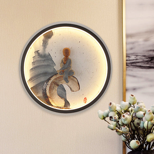 Led Asian Buddha Boy Mural Lamp: Wall Mounted Aluminum Lighting With Black Halo Ring - Ideal For