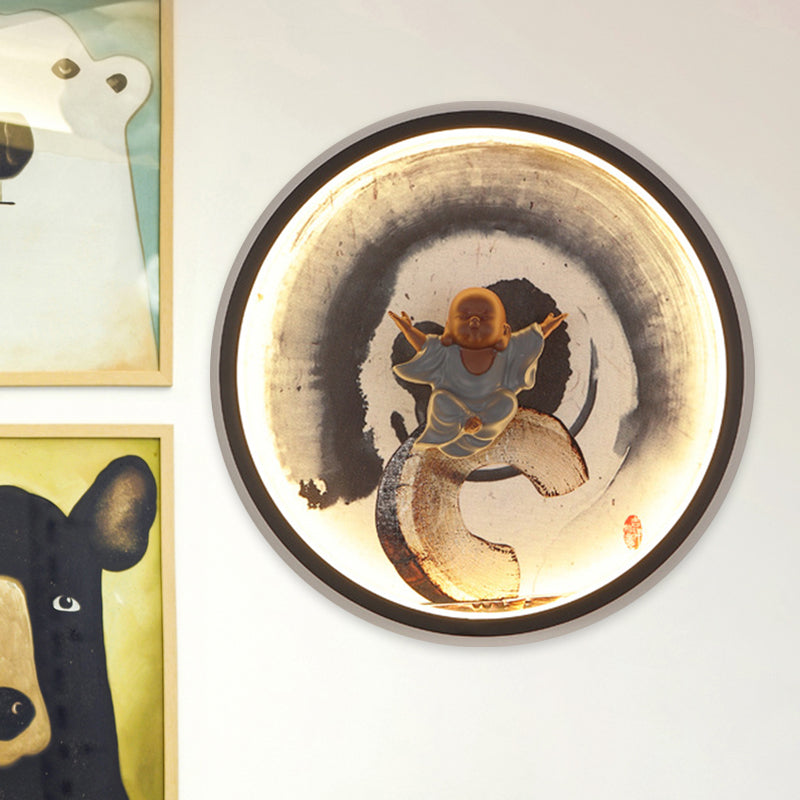 Led Asian Buddha Boy Mural Lamp: Wall Mounted Aluminum Lighting With Black Halo Ring - Ideal For